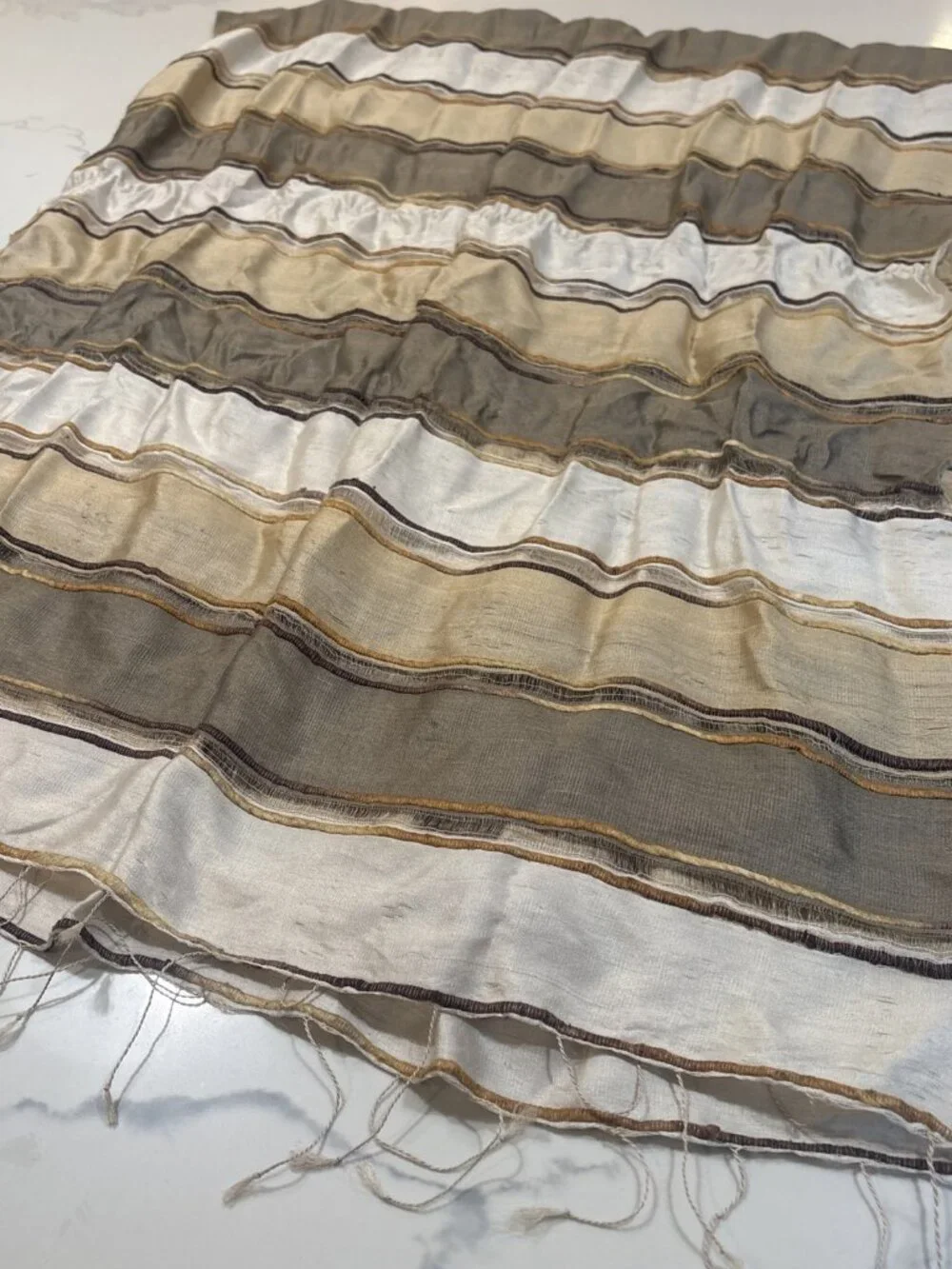 Rossella Carrara striped sheer scarf in a cream, beige, and brown colorway